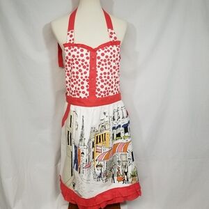 Envogue Kitchen Full Apron Polka Dot & Bistro Inspired Print Ruffled Bottom NWOT